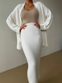 Pocketed Long Sleeve Cardigan and Skirt Sweater Set Matching Sets Luxurious Weddings