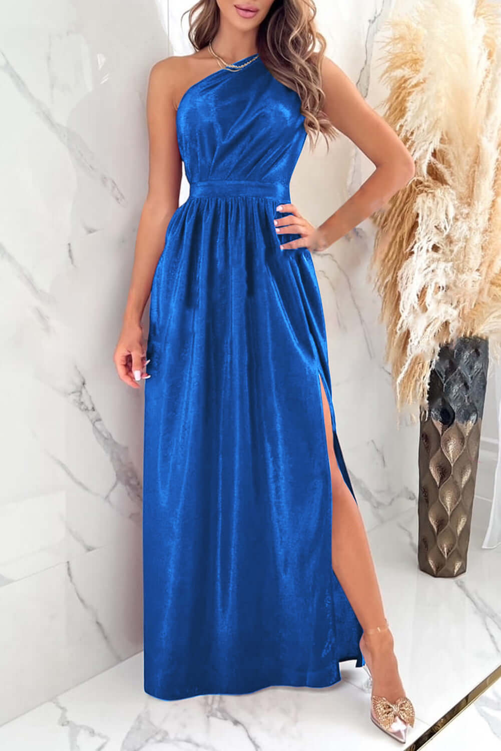 One Shoulder Slit Ruched Maxi Dress bridesmaids dress Luxurious Weddings