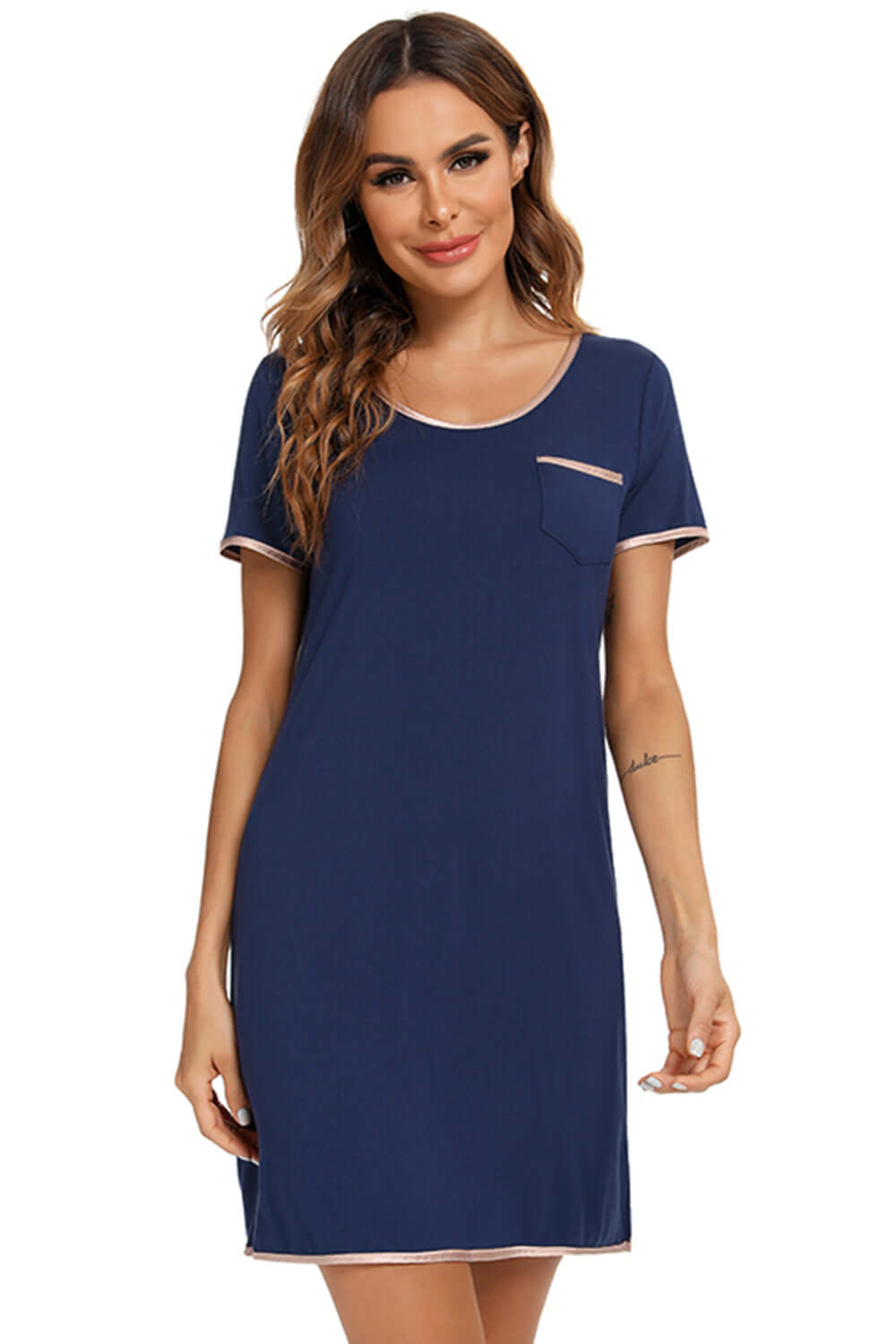 Contrast Trim Pocketed Round Neck Lounge Dress sleepwear Luxurious Weddings