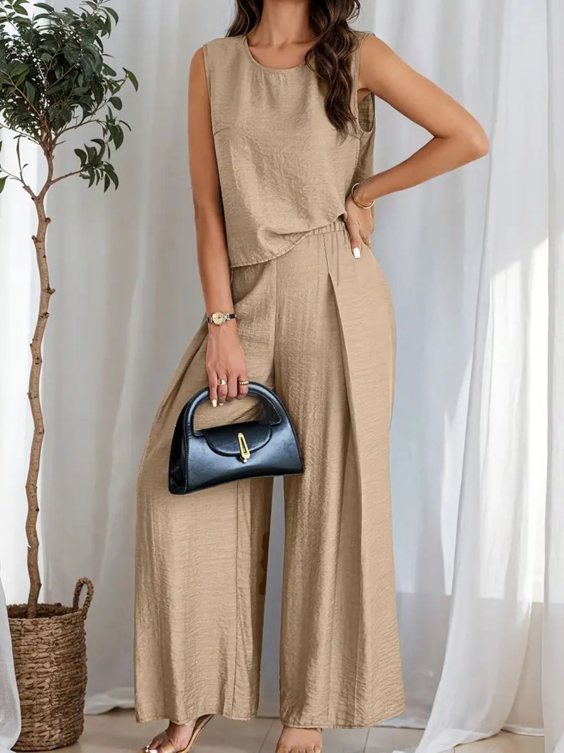 Round Neck Sleeveless Top and Wide Leg Pants Set Matching Sets Luxurious Weddings