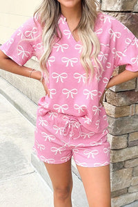 Bowknot Printed Notched T-Shirt and Shorts Set sleepwear Luxurious Weddings