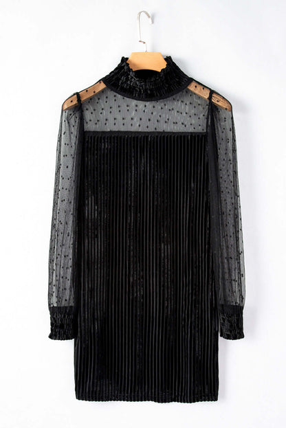 Black Dotted Mesh Striped Frilled Neck Bubble Sleeve Dress Dresses/Bodycon Dresses Luxurious Weddings