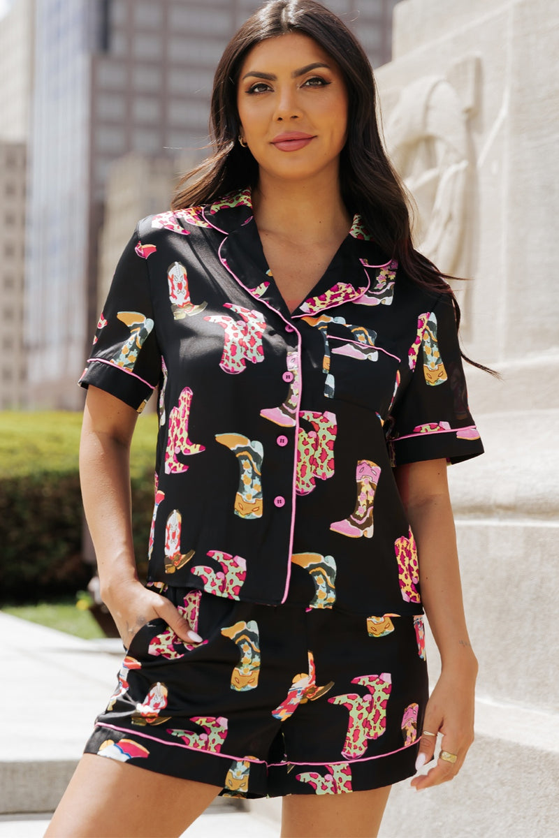 Printed Button Up Short Sleeve Top and Shorts Lounge Set sleepwear Luxurious Weddings