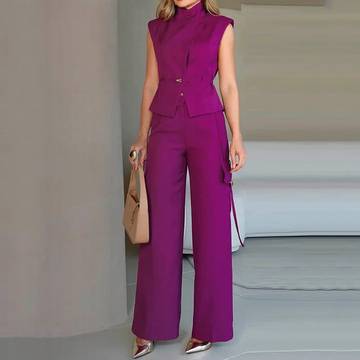 Sleeveless Polo Collar Solid Color Casual Two-piece Suit suit Luxurious Weddings