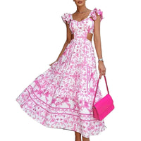 Summer Padded Shoulder Women's Printed Wear Hollow Length Dress Summer Dress Luxurious Weddings