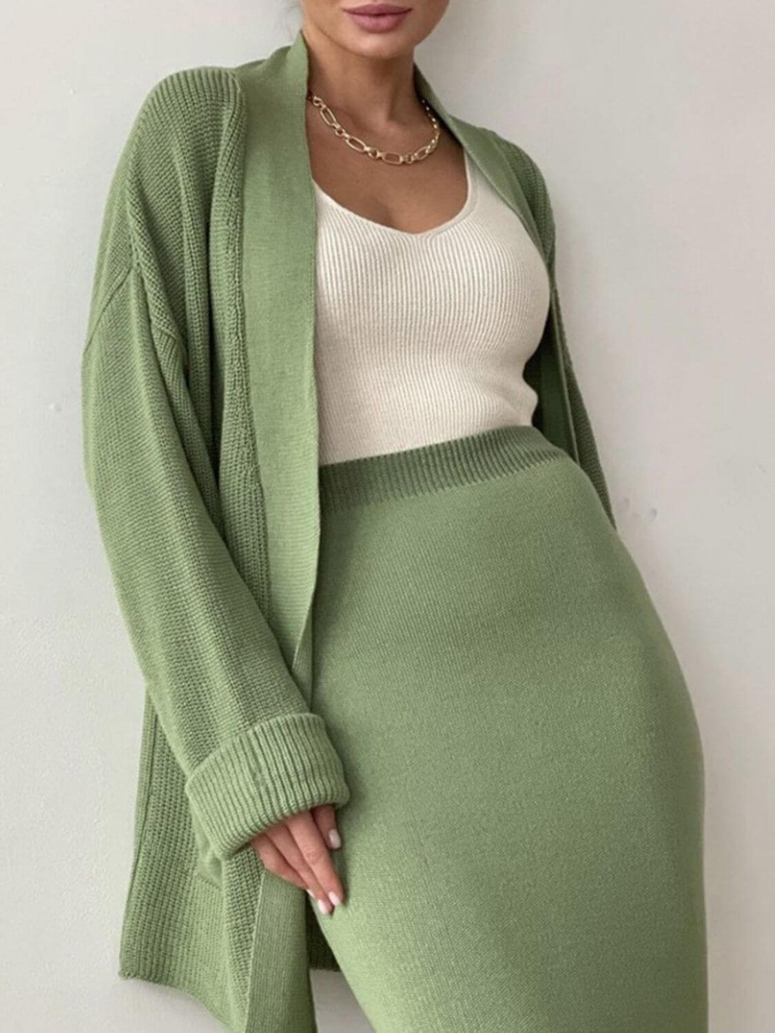 Pocketed Long Sleeve Cardigan and Skirt Sweater Set Matching Sets Luxurious Weddings