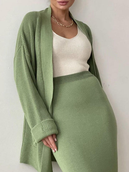 Pocketed Long Sleeve Cardigan and Skirt Sweater Set Matching Sets Luxurious Weddings