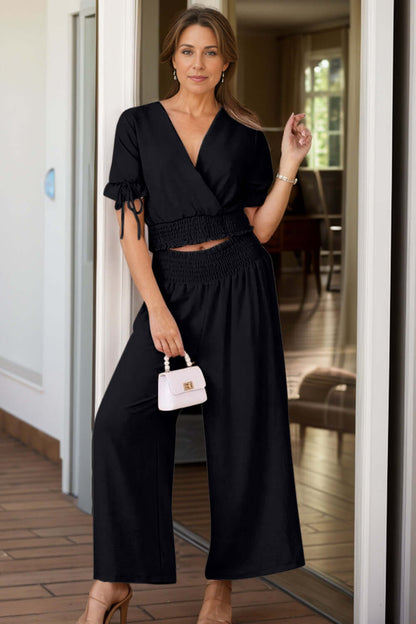 Surplice Short Sleeve Top and Pants Set Matching Sets Luxurious Weddings