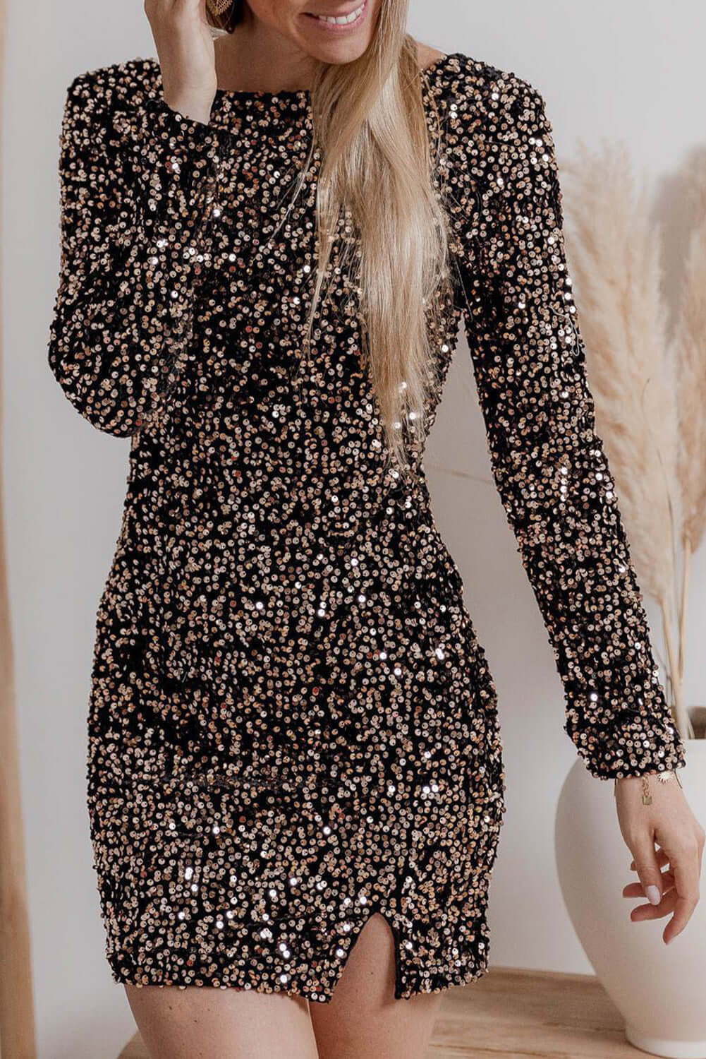 Chestnut Sequin Crew Neck Long Sleeve Bodycon Dress Dresses/Sequin Dresses Luxurious Weddings