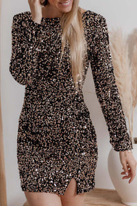 Chestnut Sequin Crew Neck Long Sleeve Bodycon Dress Dresses/Sequin Dresses Luxurious Weddings