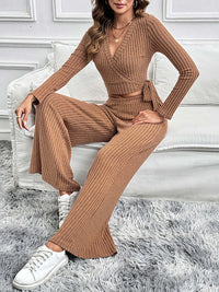 Perfee Surplice Long Sleeve Top and Pants Set Matching Sets Luxurious Weddings