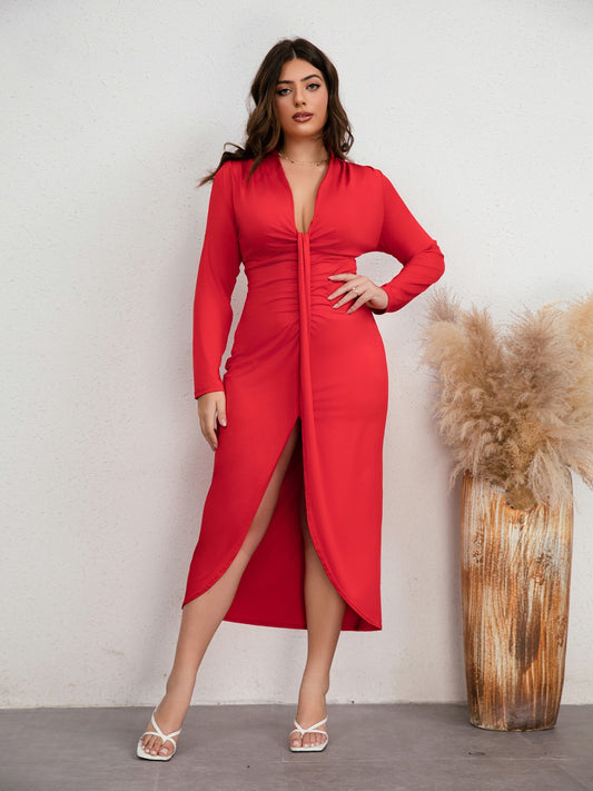 Plus Size Plunge Ruched Slit Dress Plus size dress Luxurious Weddings