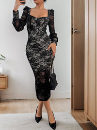 Perfee Lace Sweetheart Neck Long Sleeve Midi Dress Midi dresses Luxurious Weddings