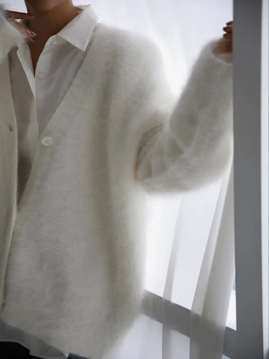 Fuzzy Button Down Long Sleeve Cardigan Sweater Luxurious Weddings