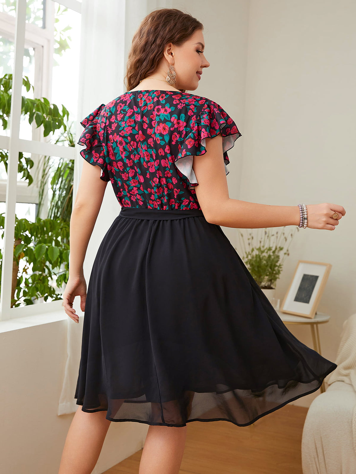 Honey Plus Size Floral Surplice Neck Flutter Sleeve Dress Plus size dress Luxurious Weddings