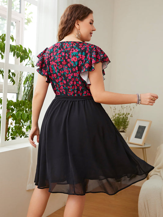Honey Plus Size Floral Surplice Neck Flutter Sleeve Dress Plus size dress Luxurious Weddings