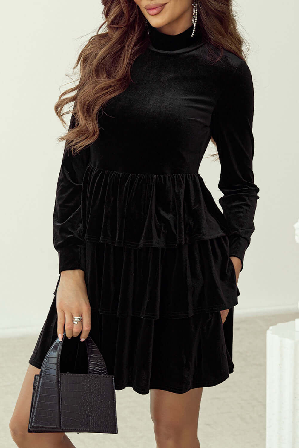 Black Velvet High Neck Tiered Ruffle Mini Dress Dresses/Mini Dresses Luxurious Weddings