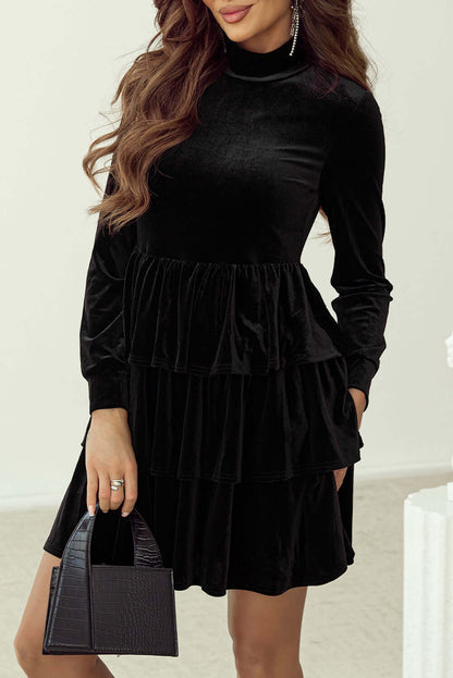 Black Velvet High Neck Tiered Ruffle Mini Dress Dresses/Mini Dresses Luxurious Weddings