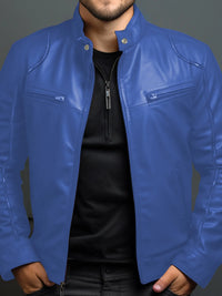 Men's Full Size Leather Motorcycle Jacket with Zipper Front Plus Size in blue, showcasing stylish design and zipper details.