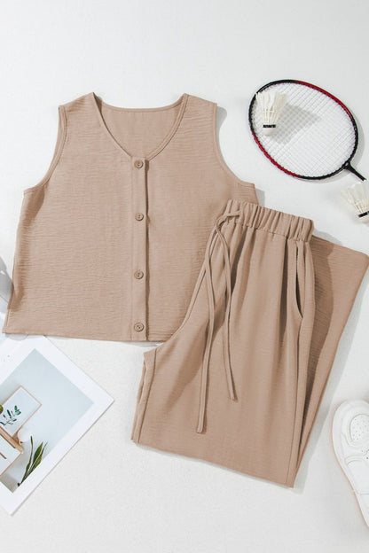 Button Down Vest and Drawstring Wide Leg Pants Set Matching Sets Luxurious Weddings
