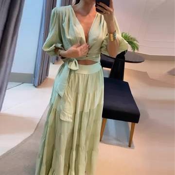 Solid Color low-cut lace-up design waist-baring skirt suit Skirt Suit Luxurious Weddings