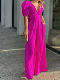 Full Size Cutout V-Neck Puff Sleeve Jumpsuit Plus Size Jumpsuits Luxurious Weddings