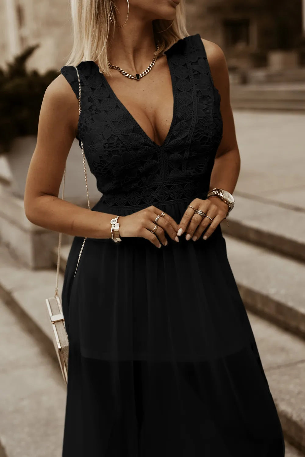 Slit Lace Detail V-Neck Dress wedding dress Luxurious Weddings