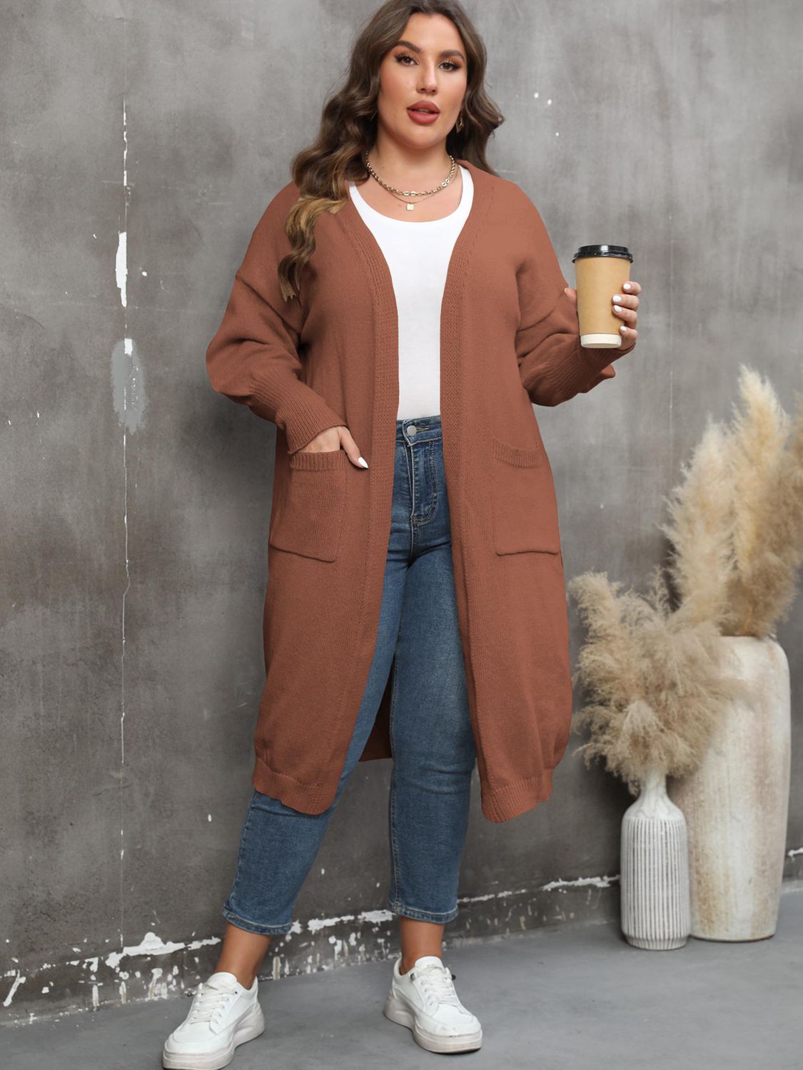 Plus Size Long Sleeve Pocketed Cardigan Plus size Luxurious Weddings