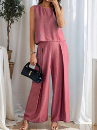 Round Neck Sleeveless Top and Wide Leg Pants Set Matching Sets Luxurious Weddings