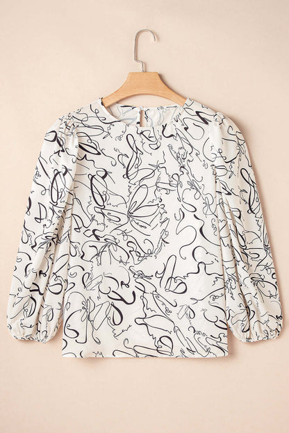 Beige Abstract Print Balloon Sleeve Crew Neck Blouse Tops/Blouses & Shirts Luxurious Weddings