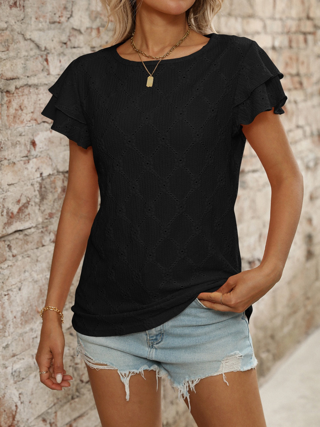 Eyelet Round Neck Double Layered Ruffled Short Sleeve Top Luxurious Weddings