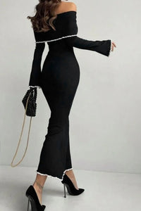 Contrast Trim Off-Shoulder Long Sleeve Maxi Sweater Dress Sweater Dress Luxurious Weddings