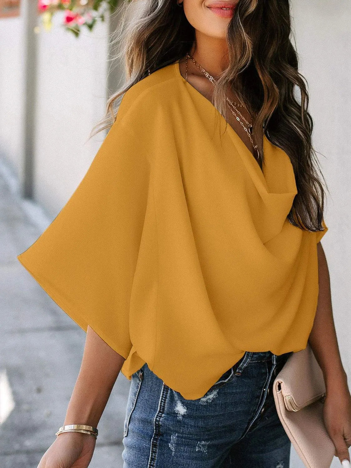 Full Size Ruched Three-Quarter Sleeve Blouse Plus Size Blouse Luxurious Weddings