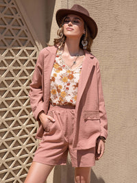 Lace Detail Collared Neck Long Sleeve Top and Shorts Set Matching Sets Luxurious Weddings