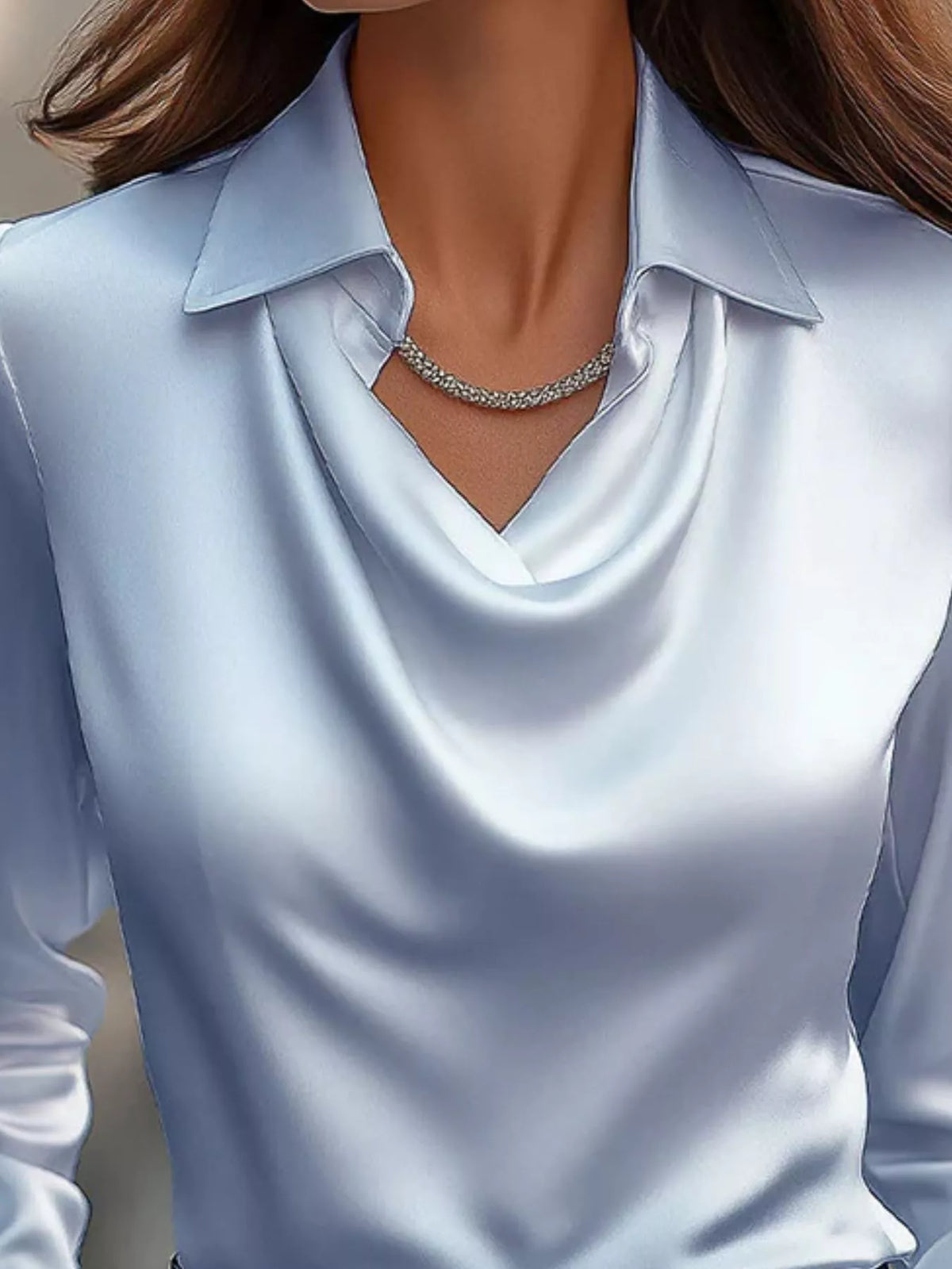 Ruched Long Sleeve Drape Collar Blouse in light blue featuring a cowl neckline and stylish collar.