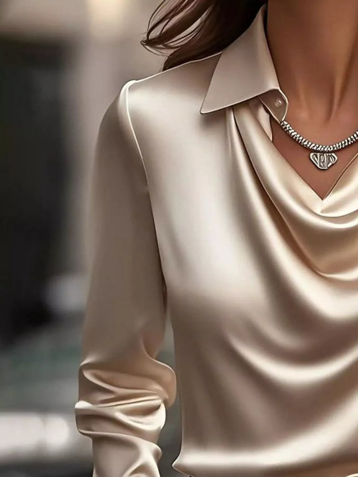 Ruched Long Sleeve Drape Collar Blouse featuring a silky drape collar and stylish necklace.