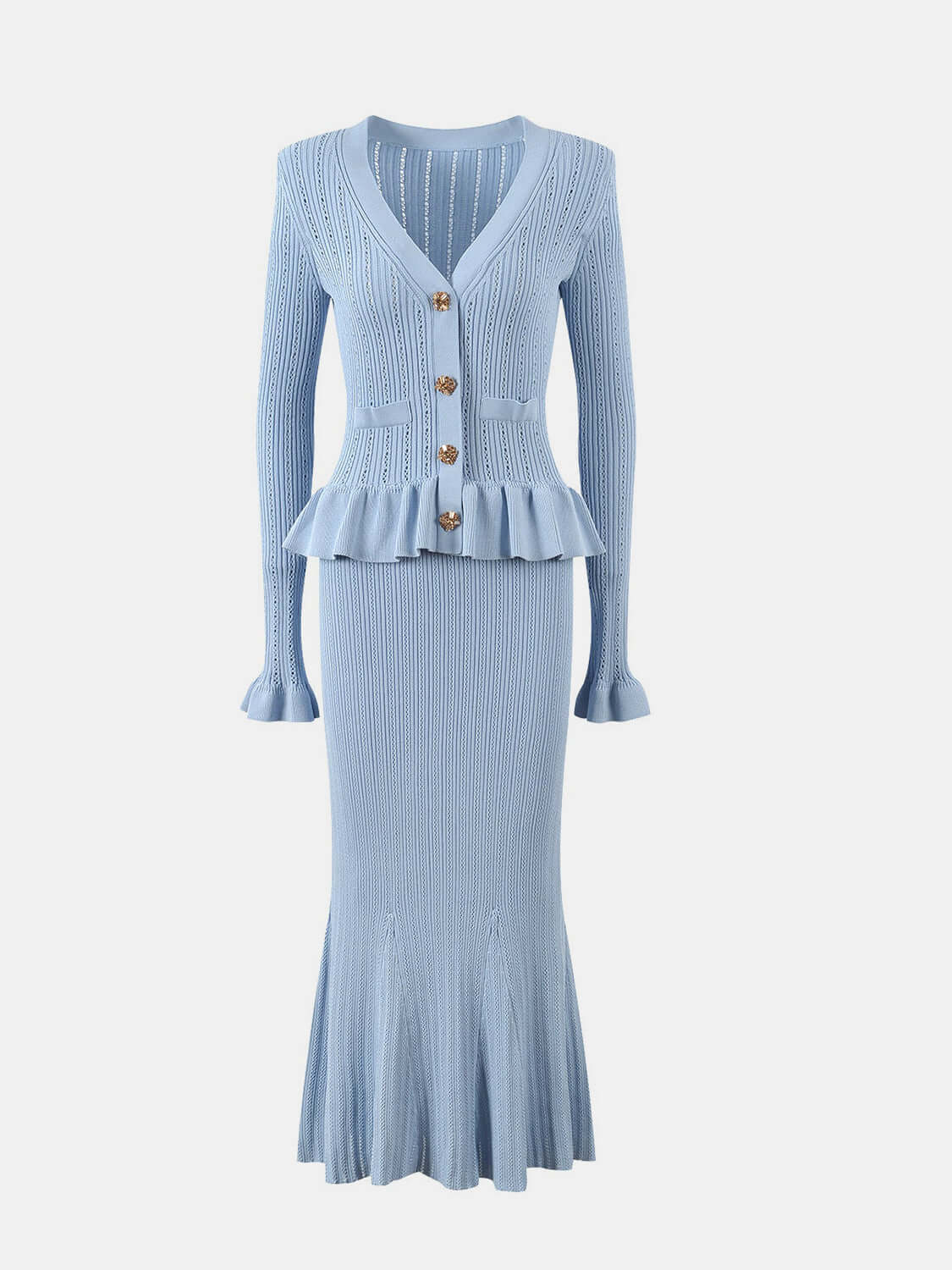 Ruffled V-Neck Top and Midi Skirt Sweater Set Matching Sets Luxurious Weddings