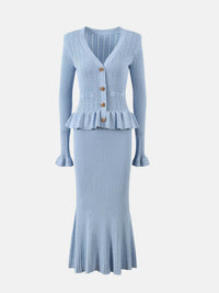 Ruffled V-Neck Top and Midi Skirt Sweater Set Matching Sets Luxurious Weddings