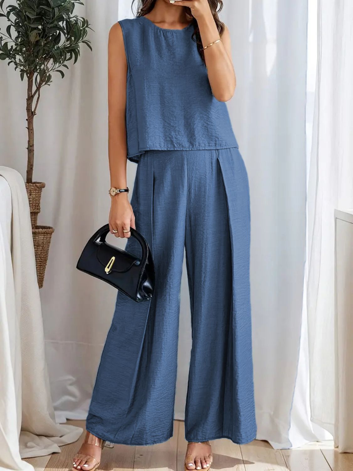 Round Neck Sleeveless Top and Wide Leg Pants Set Matching Sets Luxurious Weddings