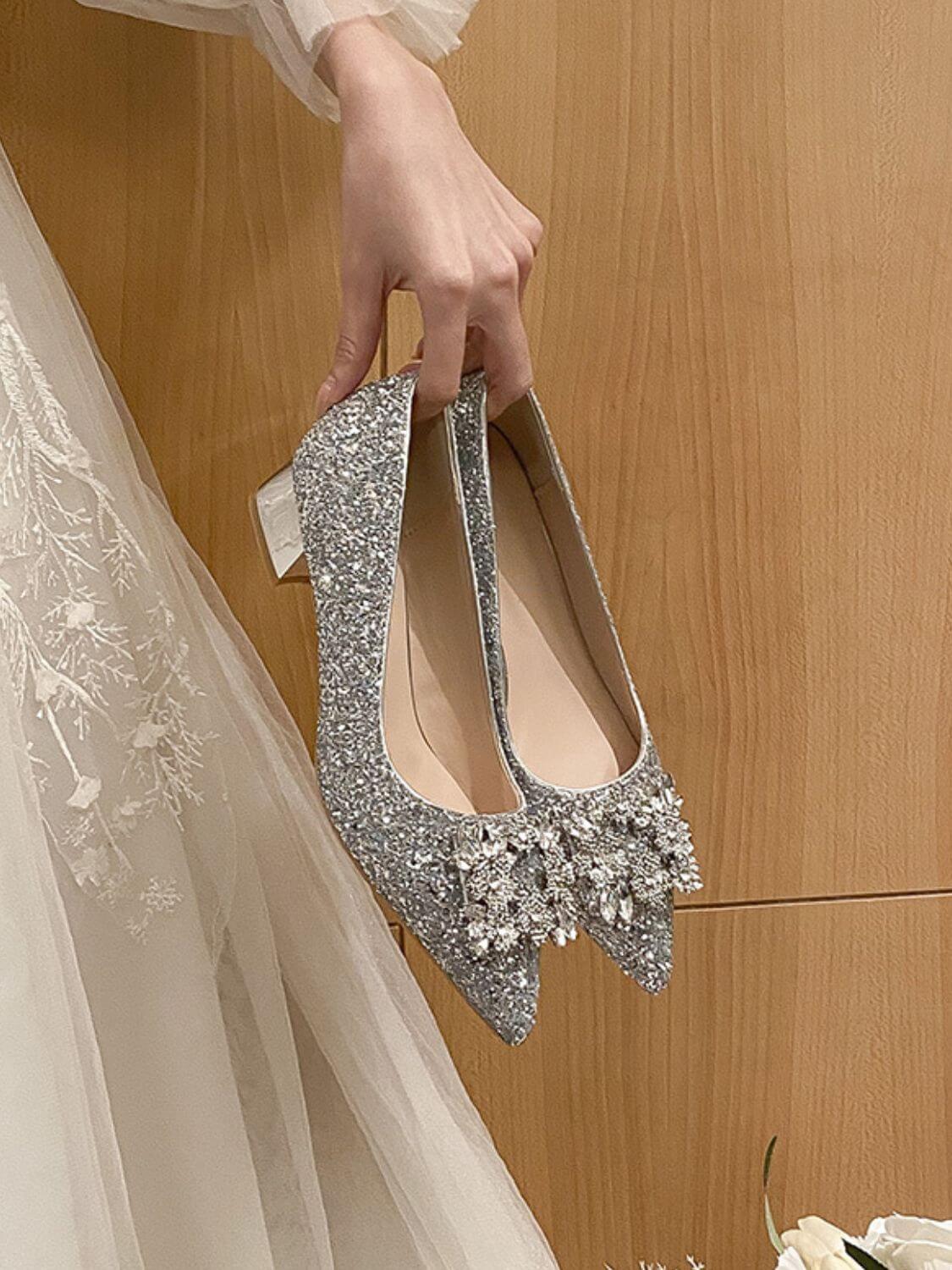 Glitter Point Toe Block Heel Pumps High Heels Luxurious Weddings