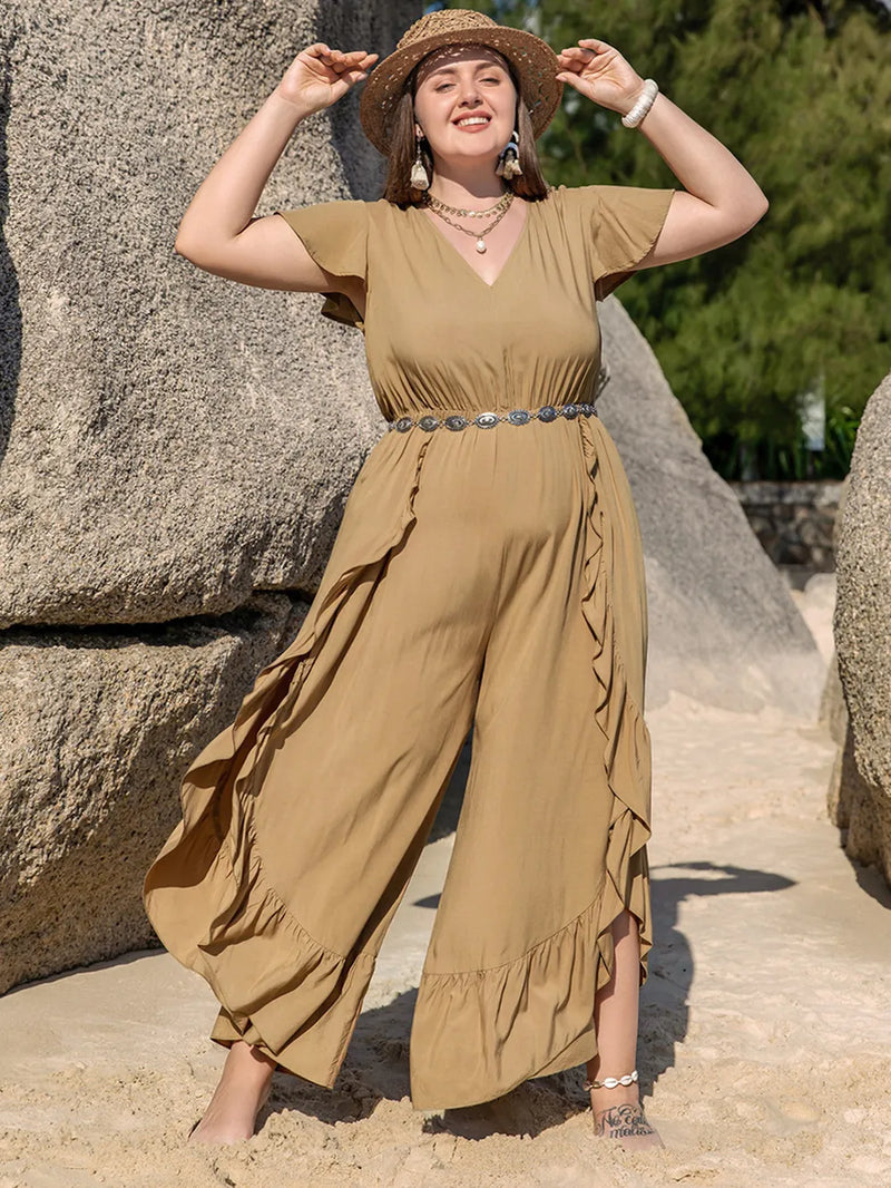 Plus Size Slit Ruffled V-Neck Jumpsuit Plus size jumpsuit Luxurious Weddings
