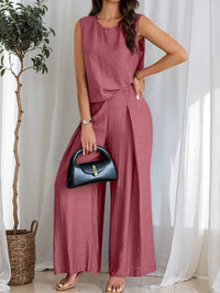 Round Neck Sleeveless Top and Wide Leg Pants Set Matching Sets Luxurious Weddings