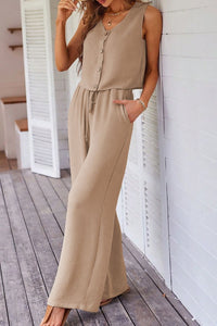 Button Down Vest and Drawstring Wide Leg Pants Set Matching Sets Luxurious Weddings