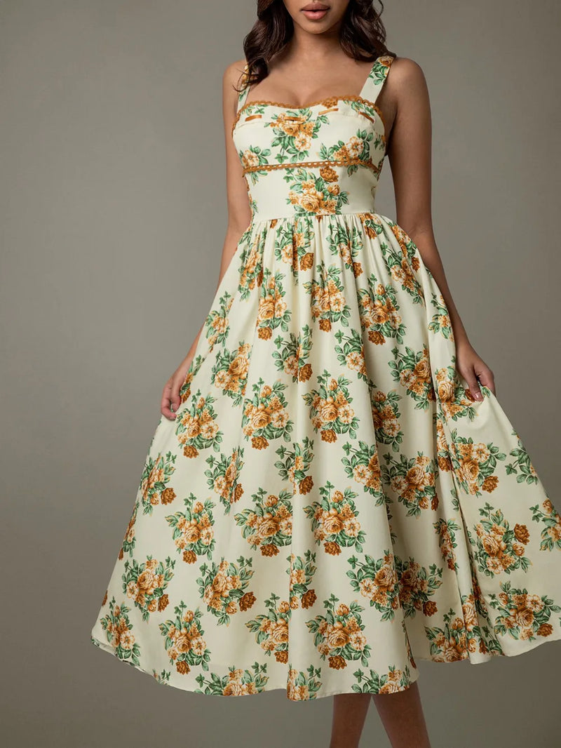 Lace Trim Floral Sleeveless Midi Dress Summer Dress Luxurious Weddings