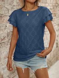 Eyelet Round Neck Double Layered Ruffled Short Sleeve Top Luxurious Weddings