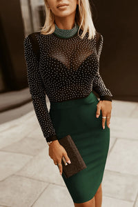 Rhinestone Mock Neck Long Sleeve Dress Midi dresses Luxurious Weddings