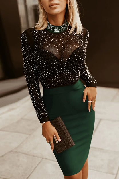 Rhinestone Mock Neck Long Sleeve Dress Midi dresses Luxurious Weddings