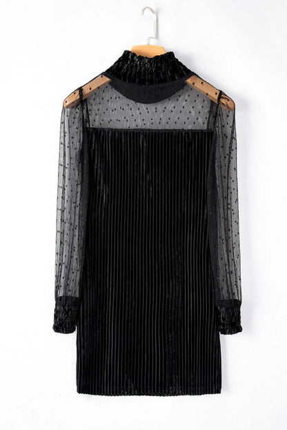 Black Dotted Mesh Striped Frilled Neck Bubble Sleeve Dress Dresses/Bodycon Dresses Luxurious Weddings