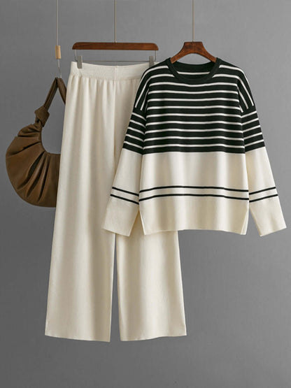Basic Bae Striped Round Neck Long Sleeve Top and Pants Sweater Set Matching Sets Luxurious Weddings