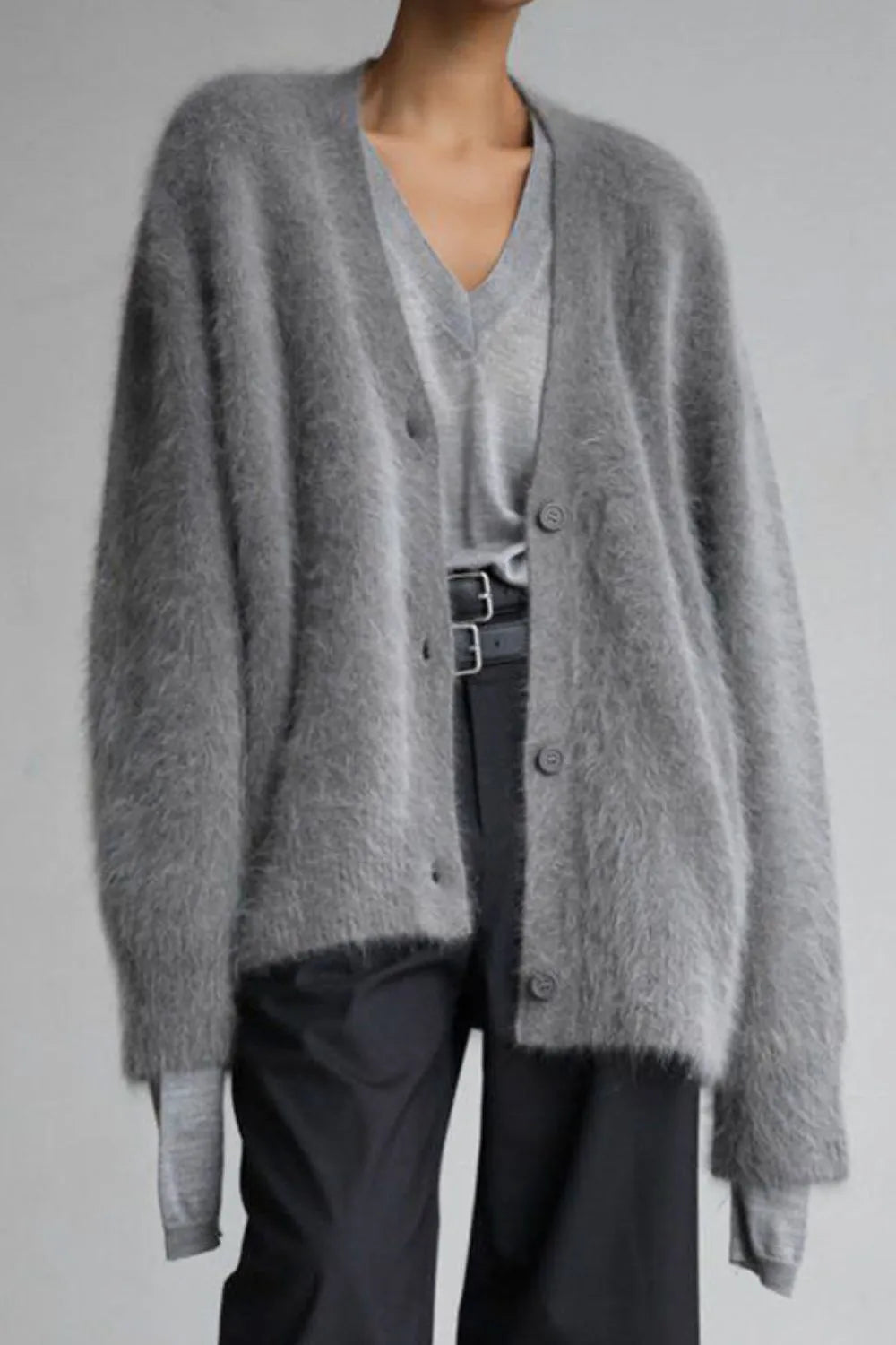 Fuzzy Button Down Long Sleeve Cardigan Sweater Luxurious Weddings